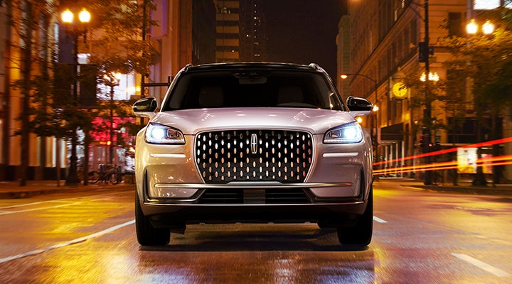 The striking grille of a 2024 Lincoln Corsair® SUV is shown. | Carman Lincoln in New Castle DE